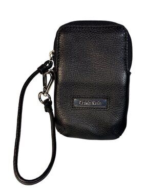 Calvin Klein Wristlet Pouch Black Pebbled Leather Top Zip Strap 5.75 x 4"